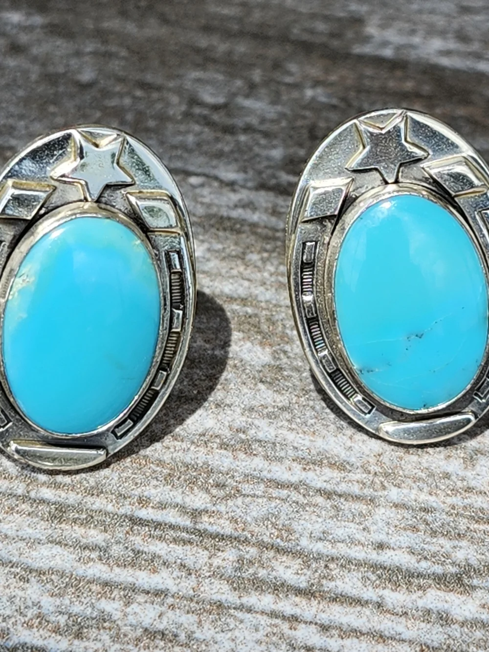 Vtg Turquoise Sterling Horseshoe Star Cufflinks Western Cuff Links Southwestern